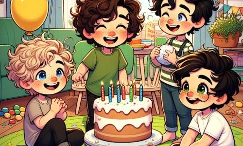 In a colorful and joyfully decorated room, four six-year-old boys stand in a circle. Alex, a boy with curly brown hair, is smiling widely while holding a large, slightly tilted cake. Next to him, Ben, a blond boy with sparkling eyes, holds a bunch of multicolored balloons floating happily above his head. Charlie, a boy with chestnut hair and freckles, is covered in flour, laughing as he holds a kitchen whisk. Finally, Sam, a boy with black hair and glasses, is sitting on the floor surrounded by small colored papers, filling a pretty jar with thank-you notes. The room is filled with colorful garlands and balloons, with a large green carpet adding warmth. On the table, the cake is decorated with candles and small sugar hearts, while soft light filters through the curtains, creating a festive atmosphere. The main scene shows the boys surprising Alex's mom, who has just entered the room, her eyes wide with surprise and happiness. They all shout together: "Surprise! Happy Mother's Day!" while the mom, beaming, smiles tenderly, surrounded by the love and joy of her children.