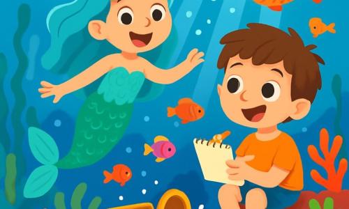 Uma sereia com escamas cintilantes e longos cabelos ondulados na cor turquesa nada alegremente em águas cristalinas. Seu rosto irradia excitação e curiosidade enquanto explora um misterioso santuário subaquático. Perto dali, um menino de 8 anos, com cabelos castanhos bagunçados e olhos brilhantes, observa a cena com admiração, sentado em uma rocha coberta de corais coloridos. Ele segura um pequeno caderno de esboços e desenha a sereia com entusiasmo. O local é um magnífico recife de corais, repleto de peixes multicoloridos, corais em forma de flores e raios de luz filtrando pela superfície da água, criando uma atmosfera mágica. A sereia e o menino descobrem juntos um antigo tesouro escondido, cercado de conchas brilhantes, enquanto uma doce melodia ressoa na água, convidando-os a mergulhar mais fundo na aventura.
