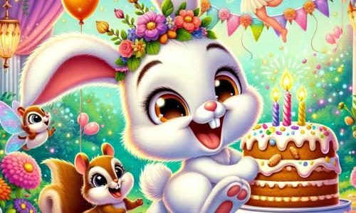 An illustration depicts a small rabbit with big ears and white fur, overflowing with excitement, joyfully hopping in a colorful garden. It has sparkling eyes and a wide smile on its face, holding a slice of carrot cake in its little paws. Next to it, a brown-furred squirrel with bright eyes, cheeks full of nuts, is joyfully laughing while trying to catch a floating balloon. Further away, a fairy with shimmering wings and golden hair, floating in the air with a mischievous smile, spreads magical glitter around her. The main setting is an enchanting garden filled with vibrant flowers, colorful lantern garlands, and a large table adorned with balloons and confetti, where a magnificent carrot cake sits at the center. The main scene shows the little rabbit celebrating its birthday, surrounded by friends, in a festive and magical atmosphere radiating joy and friendship. Other graphic elements include colorful balloons floating in the air, flower garlands, a carrot-shaped piñata, and sparkling light bursts to enhance the enchanted atmosphere of the party.