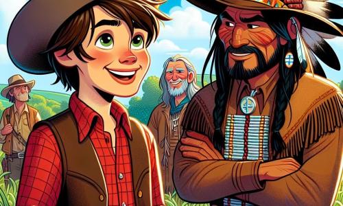 Jake Reynolds, ein Mann in den Dreißigern mit zerzausten braunen Haaren und einem warmen Lächeln, steht im Zentrum der Bühne, die Arme offen in einer Geste des Friedens, sein Cowboyhut schräg auf dem Kopf. Er trägt ein rotes kariertes Hemd und eine Lederweste, und sein Gesichtsausdruck zeigt wohlwollende Entschlossenheit. Zu seiner Rechten beobachtet Häuptling Schwarzer Adler, ein etwa fünfzigjähriger Mann mit langen schwarzen Haaren und Federn auf seinem traditionellen Hut, Jake mit einem weisen und respektvollen Blick. Er ist in eine mit tribalem Muster verzierte Leder-Tunika gekleidet und steht aufrecht mit verschränkten Armen, was seine Autorität zeigt. Links von Jake steht Finch, ein etwa vierzigjähriger Mann mit einem vom Zorn geprägten Gesicht, einem zotteligen Bart und staubigen Kleidern, defensiv mit geballten Fäusten, bereit zu reagieren. Sein intensiver und misstrauischer Blick verstärkt die spürbare Spannung in der Szene. Die Szenerie spielt in einer grünen Wiese, umgeben von sanften Hügeln unter einem strahlend blauen Himmel mit weißen, baumwollartigen Wolken. Im Hintergrund ist ein traditionelles Indianerdorf mit bunten Tipis und knisternden Lagerfeuern sichtbar, während Pferde friedlich grasen. Die Hauptsituation zeigt Jake, der versucht, die Spannungen zwischen den Siedlern und den Lakota zu beruhigen, und für Frieden inmitten einer angespannten Konfrontation plädiert, während sich die beiden Gruppen misstrauisch, aber auch hoffnungsvoll auf eine bessere Zukunft ansehen.