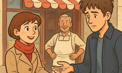Die Protagonistin ist eine Ermittlerin (erwachsene Frau) mit rundem Gesicht, wachen Augen, kurzen kastanienbraunen Haaren, beigem tailliertem Mantel und rotem Schal; sie lächelt erleichtert und streckt die Hand nach einem Schlüsselbund. Ein junger Mann (ca. 20) namens Felix mit strubbeligem Haar und marineblauer Jacke wirkt zerknirscht und hält den Schlüsselbund, den er der Ermittlerin reicht, leicht vorgebeugt. Ein älterer Mann (ca. 60), der Bäcker Herr Schröder, mit sonnengebräuntem Gesicht und bemehlter weißer Schürze steht in der Tür seiner kleinen Nachbarschaftsbäckerei, die ein Schaufenster mit bunten Plakaten, ein bemaltes Holzschild, einen rot-weiß gestreiften Vorhang, nasse Morgenpflaster und einen glänzenden Messingtürgriff hat; die Szene zeigt die Schlüsselübergabe im Vordergrund, den Bäcker in der Tür, sanftes Morgenlicht und warme, wohlwollende Gesichtsausdrücke.