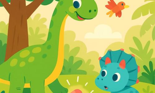 Un diplodocus alegre con una larga cola y un cuello esbelto, de escamas verdes y amarillas, se encuentra bajo un gran árbol. Sus grandes ojos brillantes expresan curiosidad y asombro. Junto a él, un pequeño triceratops con cuernos rosas y piel azul claro observa con asombro la piedra brillante. Está sentado en la hierba verde, ligeramente retirado, con los ojos muy abiertos. El decorado es un bosque prehistórico exuberante, con árboles gigantes, helechos y flores coloridas que crecen alrededor. En el centro de la imagen, el diplodocus toca una piedra centelleante de colores vivos, rodeada de un leve resplandor mágico, mientras aves coloridas vuelan sobre ellos.