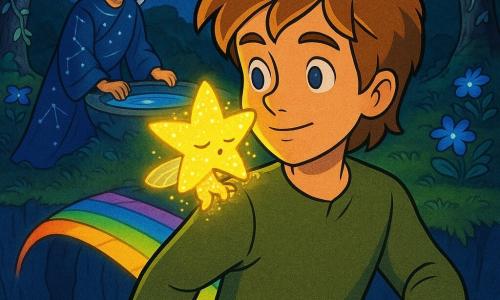 Een jonge jongen genaamd Elian, zacht gezicht, lichte ogen en bruine lokken, draagt voorzichtig op zijn schouder een klein lichtgevend sterrendiertje met doorschijnende vleugels en gouden vonkjes; hij loopt voorzichtig over een boogvormige passerelle van regenbooglicht. Een oude vrouw van ongeveer zeventig, met zilveren haar in een knot en een vloeiende jurk met sterrenmotief, staat bij een kleine reflecterende fontein en legt een kalmerende hand op de rand terwijl ze mild glimlacht. De scène speelt zich af aan de rand van een diepe kloof in een nachtelijke open plek met smaragdgroen mos, blauw- en paarse lichtgevende bloemen, knoestige bomen en zilveren lianen onder een dicht sterrenhemel. Blauwe schaduwen contrasteren met warme halo’s rond de personages; zacht licht komt van het sterrendiertje en werpt zilveren reflecties op de bladeren. Sprookjesachtige sfeer, verzadigde contrastrijke kleuren, duidelijke contouren in retro-cartoonstijl, licht korrelig papiertextuur en een iets hellende blik om de diepte van de kloof te tonen, compositie gecentreerd op Elian en het diertje.