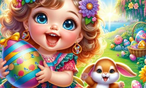 A 2-year-old girl with big bright eyes and curly hair wears a colorful dress with floral patterns. She is full of joy and smiles widely while holding a shiny egg in her hands. Next to her, an adorable plush rabbit with big ears and soft fur seems to encourage her by hopping happily. The setting is a sunny garden filled with vibrant flowers, with Easter eggs hidden among the bushes and green grass. In the background, a clear blue sky with fluffy white clouds adds to the magic of the scene. The little girl discovers a sparkling egg in her garden, full of excitement and curiosity, ready to search for lost eggs to celebrate Easter.