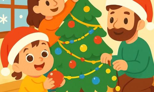 Ein kleines Mädchen von 2 Jahren mit großen leuchtenden Augen und einem staunenden Lächeln trägt einen hübschen roten Hut. Sie steht vor einem Weihnachtsbaum, der mit bunten Kugeln und glitzernden Girlanden dekoriert ist, und hält eine rote Kugel in ihren kleinen Händen. Neben ihr hängt ihre Mama, eine Frau in ihren Dreißigern mit braunen Haaren und einem kuscheligen Pullover, einen goldenen Stern auf die Spitze des Baumes, lächelnd und aufmerksam. Der Vater des Mädchens, ein etwa 35-jähriger Mann mit einem weichen Bart und einer Weihnachtsmütze, hockt neben dem Baum und hält eine Lichterkette, die er aufhängen möchte. Die Szene spielt sich in einem gemütlichen Wohnzimmer mit cremefarbenen Wänden und Fenstern mit Schneeflocken ab. Ein weicher Teppich liegt auf dem Boden, und auf dem Tisch stehen Weihnachtsplätzchen, die einen köstlichen Duft verströmen. Das kleine Mädchen, voller Freude, ist bereit, die rote Kugel am Baum aufzuhängen, ihre Augen funkeln vor Aufregung und Staunen.