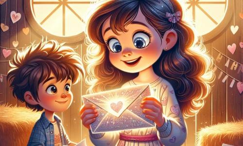 Una niña de 8 años, Luna, con grandes ojos brillantes y cabello rizado, sonríe con asombro mientras sostiene una carta brillante en sus manos. Lleva un vestido ligero con patrones de nubes y corazones, y su rostro está iluminado por una suave emoción de alegría y curiosidad. A su lado, un niño de 8 años, Mateo, con cabello desordenado y una sonrisa traviesa, mira la carta con interés, sosteniendo un pequeño avión de papel en la otra mano. Ambos están en un granero de madera rústica, lleno de luz dorada que filtra a través de ventanas redondas, rodeados de pacas de heno y decoraciones de San Valentín, como corazones de papel colgantes. La escena principal muestra a Luna y Mateo descubriendo juntos la magia de la amistad, maravillándose ante la carta misteriosa, listos para vivir una aventura llena de sorpresas y risas.