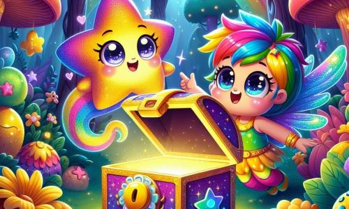 Lumin, uma pequena estrela brilhante com cores do arco-íris, flutua alegremente em um jardim mágico, seus olhos brilhando de maravilha ao descobrir uma caixa dourada cintilante. Ao seu lado, Pipo, um pequeno guardião das histórias com asas multicoloridas e um grande sorriso, a observa com orgulho, seus olhos brilhando de curiosidade, enquanto aponta a caixa para Lumin. O jardim está cheio de flores gigantes e plantas luminosas, com árvores majestosas de folhas cintilantes, criando uma atmosfera mágica. Nesta cena, Lumin e Pipo se preparam para apertar um botão da caixa mágica, prontos para começar sua viagem no tempo, cercados por cores vibrantes e luz radiante.
