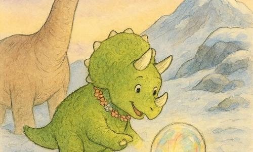 Mały promienny i odważny triceratops o szorstkim pistacjowozielonym futrze, krótkich rogach i wianku drobnych kwiatów, z radosną twarzą i błyszczącymi oczami pochyla się z zachwytem, by dotknąć dużego świecącego kamienia; trzyma lewą łapę uniesioną, pyszczek skrzywiony ciepłym wzruszeniem, stoi pewnie, wydychanie widoczne w zimnym powietrzu. Większy towarzysz diplodok o długiej, zmatowiałej szyi w piaskowo-różowym odcieniu, z łagodnym spojrzeniem i dyskretnym uśmiechem, stoi tuż za nim po lewej, pilnując. Na szczycie zaśnieżonej góry skrzypiący puch śniegu, oszlifowane wiatrem szaro-niebieskie skały i mieniące się kryształki lodu. Magiczny kamień leży na poduszce śniegu, przejrzysty, z tańczącymi wewnątrz wielobarwnymi nitkami światła, rzucającymi tęczowe poświaty na twarze. Miękkie światło późnego popołudnia, bladolawendowo-złote niebo, drobne ślady prowadzące do kamienia, atmosfera zachwytu i bliskości między dinozaurami.