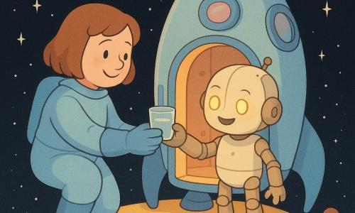 Marta, mulher adulta de cerca de 30 anos, rosto redondo e sorriso sereno, cabelo curto castanho, veste um macacão espacial azul-claro com luvas e botas arredondadas; ela estende a mão para dar um pequeno copo de água transparente a um robozinho amigo do tamanho de uma criança, corpo metálico creme fosco com rebites redondos, grandes olhos amarelos e sorriso pintado, que segura o copo na soleira da porta aberta da nave à sua direita; a nave é redonda e azul, com portas e escotilhas circulares e luzes em tons pastéis, pousada numa pequena lua cor de mel com textura granulada e crateras suaves; o céu negro salpicado de estrelas brancas cintilantes e filamentos luminosos, com um pequeno planeta laranja no horizonte; cena tranquila e mágica, cores quentes e pastéis, iluminação suave, linhas arredondadas e composição centrada no gesto de partilha.