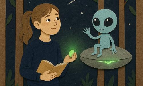 Marta, 12 anos, ansiosa mas sorrindo, roupa simples, segurando um caderno de páginas amareladas e uma pequena pedra verde luminosa na palma, olha para cima entre troncos de choupos; Zi, criatura extraterrestre redonda de pele azul-pálida, grandes olhos brilhantes e dedos finos, está sentada numa cápsula metálica oval com uma fissura verde luminosa que se eleva lentamente atrás dela; cenário de choupos alinhados formando um corredor, relva noturna texturizada, lua prateada parcial e céu estrelado; cena de despedida poética, halo verde ilumina Marta e o caderno, atmosfera suave, melancólica e cheia de assombro, estilo de formas recortadas e contrastes de papel texturizado.