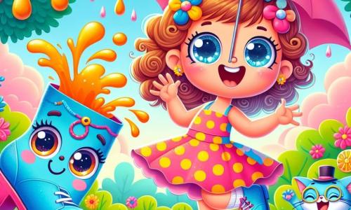 Una niña de 4 años, con grandes ojos brillantes y cabello rizado, lleva un vestido de lunares coloridos y sonríe con asombro. Ella baila alegremente bajo un paraguas invisible, con los brazos levantados hacia el cielo, salpicada de gotas de jugo de naranja que caen a su alrededor. A su lado, un zapato gigante azul, con ojos redondos y una gran sonrisa, canta mientras salta sobre un pie. Un elegante gato, Don Gato Patín, con un sombrero de copa y patines, hace piruetas cerca, riendo y aplaudiendo con sus patas. El parque está lleno de vegetación, con árboles de hojas brillantes y flores multicolores que bailan al ritmo de la música. Nubes rosas flotan en el cielo y las gotas de jugo de naranja caen como lluvia dulce. La escena principal muestra a la niña, el zapato y Don Gato Patín divirtiéndose juntos, bailando y riendo bajo la lluvia de jugo de naranja, creando una escena alegre y absurda.