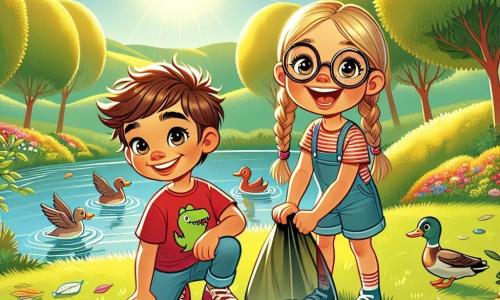 An 8-year-old boy, Max, with messy brown hair and sparkling joyful eyes, is crouched on the green grass of the park, a big smile on his face. He is wearing a red t-shirt with a dinosaur design and blue shorts. Next to him, his best friend Lily, a 7-year-old girl with braided blonde hair and round glasses, is holding a trash bag and picking up litter, her expression determined and enthusiastic. The park is filled with colorful flowers and leafy trees, with a small pond where ducks swim. The sky is blue and sunny, creating a cheerful and welcoming atmosphere. In this scene, Max and Lily are working together to clean the park, picking up trash while laughing and chatting, showing the importance of taking care of their environment.