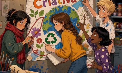 Uma menina de 12 anos, olhar atento e sorridente, cabelos castanhos médios em trança solta, veste suéter cor mostarda e jeans, segura um caderno e um lápis inclinada sobre um grande cartaz colorido que ajuda a colar na parede; Inês, cerca de 12 anos, expressão animada e brincalhona, cabelos pretos curtos, usa vestido de bolinhas e segura um pote de cola à direita; Matilde, cerca de 12 anos, tímida e corada, cachecol de lã vermelho e mãos com manchas de tinta, passa tiras de lã vermelha à esquerda; Gonçalo, cerca de 13 anos, cabelo despenteado, camiseta manchada de azul, aliviado e envergonhado, segura um pincel e repõe uma parte recortada do desenho; sala de Artes Plásticas com mesas de madeira manchadas de tinta, potes de pincéis desordenados, tesouras, rolos de papel branco, armário metálico aberto com fitas e carretéis e luz quente de janela alta; cena principal: o grupo monta e reconstrói um grande cartaz mostrando uma garrafa alada e o título Reciclagem Criativa, com gestos cooperativos e atmosfera de reparo alegre, texturas de papel amassado, colagens visíveis e marcas de tinta seca no chão; estilo gráfico de linhas claras, cores saturadas, expressões marcantes e enquadramento médio próximo ao grupo.