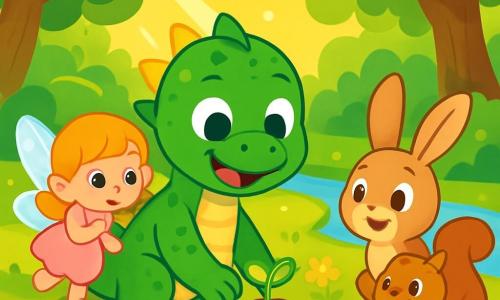 Un piccolo drago verde, di nome Pino, con squame brillanti e occhi scintillanti di gioia, si trova al centro della scena, sorridendo mentre pianta un piccolo seme nella terra. Accanto a lui, una piccola fata con ali luccicanti, vestita di rosa, guarda Pino con ammirazione, i suoi occhi brillanti di eccitazione. Un gruppo di animali del bosco, come un coniglio dalle grandi orecchie e uno scoiattolo dal pelo setoso, si avvicina curiosamente, i loro volti esprimono gioia ed entusiasmo. Il luogo è un magnifico boschetto verde, pieno di alberi maestosi, fiori colorati che danzano al vento e un ruscello cristallino che serpeggia dolcemente nel paesaggio. La scena principale mostra Pino e i suoi amici mentre piantano semi, circondati dalla natura, con raggi di sole che filtrano tra i rami, creando un'atmosfera calda e gioiosa.