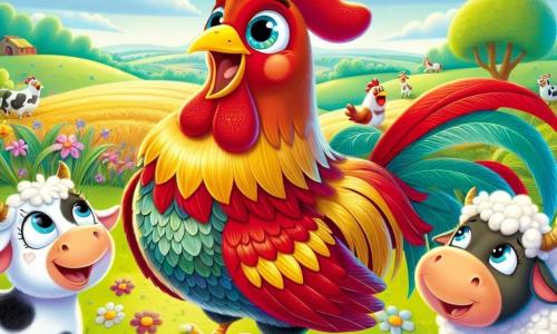 A rooster named Rufus, with bright red and gold feathers, stands proudly at the center of the image, his eyes sparkling with curiosity and joy. He is singing, wings slightly spread, with a big smile on his beak. Next to him, a cow named Clara, sweet and round with black and white spots, listens attentively, her big eyes filled with admiration. In the background, a fluffy sheep, with soft wool and delicate legs, joyfully jumps, adding a dynamic touch to the scene. The setting is a sunny farm, with green hills on the horizon, colorful flowers dancing in the wind, and a bright blue sky dotted with fluffy white clouds. Rufus stands on a small mound, surrounded by his animal friends, all captivated by his song. The main situation shows Rufus sharing his magical adventure in the bright garden while his friends listen with wonder and joy.
