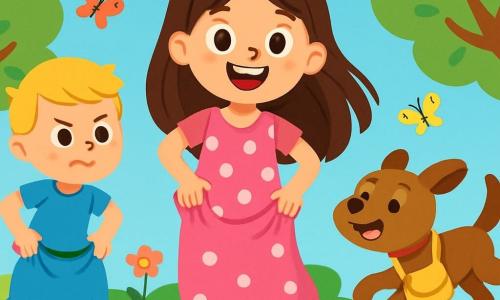 Hay 3 personajes: - Lila: una niña de 7 años, con largos cabellos castaños y ojos brillantes. Lleva un vestido rosa con lunares blancos y sostiene una bolsa de yute rosa. Está en el centro, sonriendo y llena de energía. - Tomás: un niño de 8 años, con cabello corto y rubio. Lleva una camiseta azul y un short verde. Está a la izquierda de Lila, saltando en su saco azul, con aire decidido. - Pipo: un perrito de raza terrier, con pelaje marrón y ojos vivos. Lleva una pequeña bolsa amarilla y está a la derecha de Lila, saltando alegremente, con su cola moviéndose con entusiasmo. La escena se desarrolla en un parque soleado, lleno de flores coloridas y grandes árboles verdes. El cielo es azul con algunas nubes blancas esponjosas, y mariposas vuelan alrededor de los amigos. La situación principal muestra a los tres amigos compitiendo en una carrera de sacos, riendo mientras intentan saltar lo más alto posible, con expresiones de alegría y emoción en sus rostros.