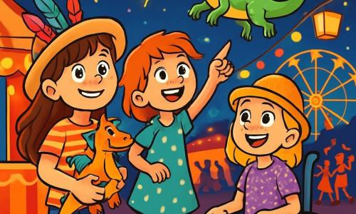 There are three characters: - Lucy: an 11-year-old girl with long brown hair and sparkling eyes. She wears a hat adorned with colorful feathers and a striped t-shirt. She is standing, smiling, holding a small stuffed dragon in her arms. - Emma: an 11-year-old girl with messy red hair and a cheerful face. She wears a polka dot dress and colorful sneakers. She is next to Lucy, pointing at the dragon floating in the sky. - Chloe: an 11-year-old girl in a wheelchair, with blonde hair and a sparkling hat. She wears a sequined t-shirt and has a big smile. She is sitting next to Lucy, her eyes shining with excitement as she watches the show. The setting takes place in a lively carnival, with colorful stalls decorated with string lights and floating balloons. Lanterns glow in the twilight, and people in festive costumes dance around a brightly lit Ferris wheel. In the background, a majestic floating dragon breathes sparks of light, adding a magical touch to the atmosphere. The main scene shows the three friends marveling at the carnival spectacle, laughing together under the starry sky, surrounded by bright colors and joy, while the dragon majestically rises above them, illuminating their faces with wonder.