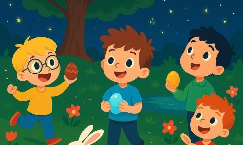 There are 4 children: Ben, a 6-year-old boy with messy brown hair and sparkling eyes, wearing a blue t-shirt with a little bunny, stands in the center smiling with a shiny egg in his hands. Max, a 5-year-old boy with blonde hair and round glasses, wears a yellow sweater and is to the left of Ben, jumping with excitement holding a chocolate egg. Leo, a 6-year-old boy with black hair and freckles, wears a green shirt and stands to the right of Ben, holding a golden egg and looking up at the sky in wonder. Charlie, a 5-year-old boy with red hair and a big smile, wears a red t-shirt and stands slightly back, holding his stuffed bunny and watching the others joyfully. The setting is a magical garden under a starry sky, illuminated by the moon, with colorful flowers blooming around and fireflies sparkling like shooting stars. In the center, a large majestic tree provides shade, and a small pond reflects the moonlight. The main scene shows the children following a little white rabbit that is moving away, leaving a trail of sparkling dust behind. They are amazed, eyes wide open, ready to discover the hidden colorful eggs in the garden.