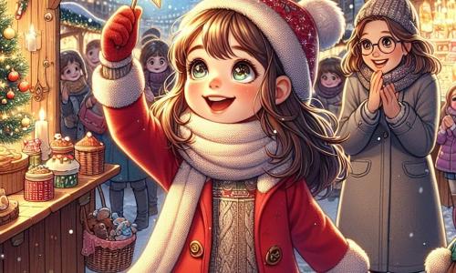 A 9-year-old girl named Lucy stands in the center of a bustling Christmas market, her eyes sparkling with wonder and a big smile on her face. She wears a bright red coat, a white wool scarf, and matching gloves, holding a shimmering star that emits a soft golden light. Next to her, her mother, a woman around 35 with brown hair and glasses, looks at her with pride and affection, wearing a gray coat and a knitted hat, encouraging her to share her adventure. The Christmas market is decorated with colorful lights and trees adorned with shiny ornaments. Wooden stalls offer treats, toys, and decorations, while snowflakes gently fall from the sky, creating a magical and warm atmosphere. The scene shows Lucy, full of joy, raising the star above her head, ready to place it at the center of the market, as children and adults around her applaud and smile, captivated by the magic of Christmas.