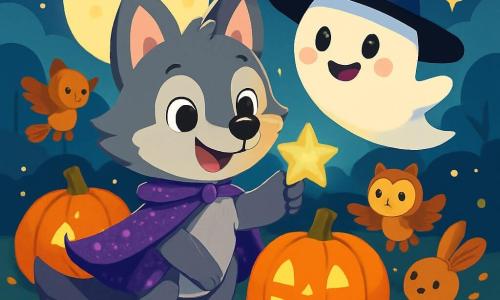 A cheerful little wolf named Wally, with soft gray fur and sparkling curious eyes, wears a shimmering purple and silver cape. He smiles widely, ears perked up, holding a small shining star in his paw. Next to him is a small ghost named Glimmer, with a friendly face and a large black hat, joyfully floating with excited bright eyes. They are in a pumpkin field illuminated by the moon, where forest creatures dance around them. The ground is covered with golden leaves, and the scene is filled with soft lights and bright colors. Wally and Glimmer celebrate Halloween together, surrounded by laughter and magic in a festive and warm atmosphere.