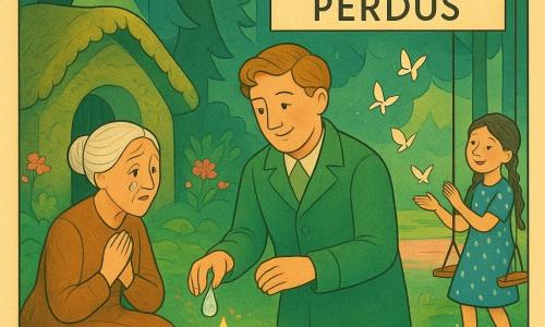 Dorosły mężczyzna, łagodny i pogodny, z jasnobrązowymi lekko falującymi włosami, okrągłą uśmiechniętą twarzą, w zielonym wełnianym płaszczu trzyma błyszczącą srebrną czarkę i podlewa mieniącymi się kroplami światła; starsza kobieta (ok. 70 lat) z białymi włosami upiętymi w kok, w brązowej mchem przypominającej sukni, siedzi na progu małej chatki z mchu po lewej, patrzy na czarkę ze wzruszeniem i łzą radości; dziewczynka (ok. 7 lat) z brązowymi warkoczami, w niebieskiej sukience w białe kropki, stoi przy odnalezionej drewnianej huśtawce, uśmiecha się i rzuca papierowe opowieści w powietrze jak motyle. Miejsce to polana zwana „Ogrodem Zaginionych Uśmiechów”: dywan z szmaragdowego mchu, przekwitłe kwiaty zmieniające się w barwy, ścieżka z maleńkich złotych gwiazdek, domki z mchu, lustrowe jezioro o różowo-złotych odcieniach. Scena pokazuje mężczyznę podlewającego przedmioty (kolorowe kredki, huśtawka, zabawki) kroplami światła przypominającymi przezroczyste perełki; ciepła, miękka poranna światłość, pastelowa paleta (zieleń, niebieski, pudrowy róż, złoto), linijkowe tekstury i geometryczne motywy art déco, kompozycja czytelna i przyjazna dzieciom.