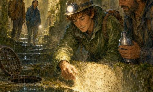 Mężczyzna-explorator około 30 lat, piegowaty, z rozczochranymi kasztanowymi włosami, zdeterminowany i życzliwy, w oliwkowym k-wayu poplamionym błotem, z zużytym skórzanym plecakiem i kaskiem na głowie, trzymający zapaloną latarkę czołową i małą fiolkę z czystą wodą; towarzyszący mężczyzna Rysiek około 40 lat, z zarostem, w wyświechtanej kurtce i czapce, zaniepokojony lecz uspokojony, stoi nieco z tyłu po prawej z metalową butelką; miejsce — podziemna komnata ruin ze skalnymi ścianami pokrytymi mchem, wilgotnymi kamiennymi stopniami i częściowo uchyloną kratą w podłodze, krople tworzą okręgi na naturalnej misy wypełnionej lśniącą czystą wodą; główny moment ukazuje odkrycie „Źródła”: odkrywca pochylony nad misą, latarka oświetla wyryte inskrypcje, Rysiek trzyma fiolkę gotową, atmosfera ostrożnego zachwytu, miękka akwarelowa paleta (mchowe zielenie, ochry, blade błękity, złote akcenty) i wilgotne, ziarniste faktury.