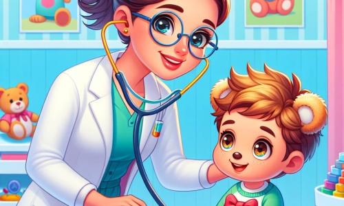 Uma médica, a doutora Ana, sorridente e bondosa, usa um jaleco branco brilhante. Ela tem cabelos castanhos presos em um rabo de cavalo e óculos redondos que lhe conferem um ar amigável. Ela segura uma maleta cheia de instrumentos coloridos e se inclina em direção a um menino pequeno, com uma expressão concentrada e tranquilizadora. O menino, de 6 anos, tem cabelos loiros bagunçados e olhos brilhantes de curiosidade. Ele está sentado em uma mesa de exame, brincando com um ursinho de pelúcia chamado Tobias, que é macio e fofinho, com uma gravata borboleta vermelha. A cena acontece em um consultório médico iluminado e acolhedor, com paredes pintadas de azul pastel, cartazes coloridos de personagens de desenhos animados sobre saúde e brinquedos espalhados pelo chão. A situação principal mostra a doutora Ana examinando o menino com um estetoscópio, enquanto ele ri e brinca com seu ursinho, criando uma atmosfera alegre e tranquilizadora no consultório.
