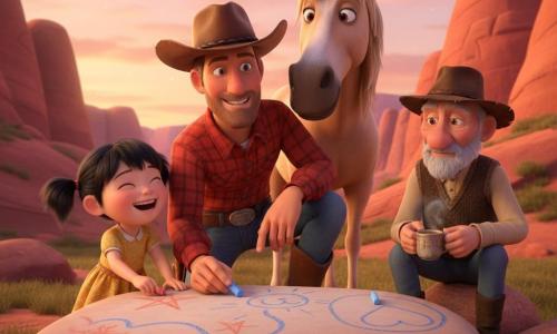 A kind smiling cowboy in his thirties, fair-skinned, brown hat, red plaid shirt and leather boots kneels before a large flat rock drawing a simple map with a thick blue piece of chalk; a little girl, Mei, about 6, black pigtails and a yellow dress, laughs and adds a red star on the rock standing left near his hand; an elderly man, Joe, about 70, wrinkled face, gentle eyes, worn hat and wool jacket, sits on a small stone to the right holding a tea cup and tracing a circle around a drawn heart; a gentle horse named Dusty with a beige mane stands just behind the cowboy with its muzzle near his shoulder; the setting is a wide welcoming canyon with smooth rounded rocks, low green grass and a late-afternoon orange-pink sky with stars beginning to appear; warm backlight, slightly shallow focus, mid-close shot — colorful chalk drawings on the rock, faces lit by soft sunset, centered composition, bright contrasting colors, smooth 3D textures and rounded forms, calm joyful mood.