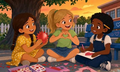 Tres niñas celebran San Valentín en el patio al anochecer bajo un gran árbol de hojas oscuras: Alma, ~8 años, trenzas castañas, vestido amarillo de lunares blancos, sentada a la izquierda con un papel rojo brillante en forma de sol; Brisa, ~9 años, coleta rubia, camiseta verde claro y falda vaquera, sentada en el centro riendo y haciendo un gesto de corazón con los dedos; Cora, ~8 años, pelo negro corto, peto azul marino y lápiz tras la oreja, sentada a la derecha dibujando y mirando a las otras. En el suelo de cemento hay dibujos de tiza (corazones y estrellas), una pequeña reja blanca y un banco azul; sobre la mesa improvisada hay papeles rojos y rosas, confeti en forma de corazón y una caja de pegatinas, ambiente cálido, alegre y cómplice con luz naranja del atardecer.