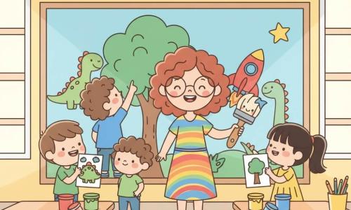 Una maestra mujer, alegre y benevolente, cabello castaño rizado, gafas redondas y vestido colorido con motivos de arcoíris, sostiene un gran pincel señalando un mural y está de pie en el centro; a la izquierda cerca del mural Lucas (≈8 años) pelo castaño corto camiseta verde sostiene un dibujo de dinosaurio y ruge riendo; a la derecha delante de la pintura Sofía (≈7 años) pelo negro en cola de caballo vestido amarillo sostiene una hoja con un árbol y lo señala; un poco atrás a la izquierda Miguel (≈8 años) pelo rizado polo azul mira el cielo pintado señalando una estrella. Aula luminosa con grandes ventanas, paredes pastel, pupitres a un lado, botes de pintura vivos sobre una mesa y guirnaldas de papel en el techo. Mural grande y colorido: dinosaurios verdes, un gran árbol, un cohete rojo con estrellas, trazos simples y contornos nítidos. Ambiente feliz, luminoso y colorido, estilo kawaii minimal, líneas claras, texturas suaves, paleta viva (amarillo, azul cielo, verde menta, rosa coral), perspectiva a altura de niño, composición centrada en la maestra y el mural.