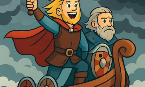 Een jonge Viking genaamd Erik, ongeveer 25 jaar oud, staat trots en vastberaden aan de boeg van zijn drakkar. Hij heeft lang blond haar, een goed verzorgde baard, en zijn ogen stralen van opwinding en moed. Hij heft zijn zwaard, terwijl de wind zijn leren tuniek en rode cape laat wapperen, terwijl hij de horizon in de gaten houdt. Naast hem staat een oudere man, zijn mentor, ongeveer 50 jaar oud, met grijs haar en een volle baard, die de zee met een wijze blik observeert. Hij draagt een metalen pantser versierd met Noordse motieven en houdt een versierd houten schild vast. De drakkar vaart op een woelige zee, met woeste golven en een stormachtige lucht, waar donkere wolken zich ophopen, wat een sfeer van spanning en avontuur creëert. De belangrijkste situatie toont Erik en zijn mentor die zich voorbereiden om een dreigende storm te trotseren, wat het begin van hun grote reis symboliseert en de uitdagingen die ze samen moeten overwinnen.