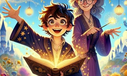 Un giovane mago di nome Filippo, di circa 10 anni, con i capelli castani disordinati e occhi pieni di curiosità, si trova al centro dell'immagine. Indossa una veste da mago blu notte decorata con stelle dorate, e il suo viso esprime una gioia eccitata mentre tiene un antico libro di magia aperto davanti a sé, con pagine scintillanti che fluttuano attorno a lui. Accanto a lui, la professoressa Amalia, una donna di circa cinquant'anni con capelli argentati e occhiali rotondi, osserva con un sorriso benevolo. Indossa un lungo vestito viola e tiene una bacchetta magica che emette una dolce luminescenza. Lo sfondo è un giardino incantato, pieno di fiori colorati e grandi alberi con foglie dorate, sotto un cielo azzurro chiaro punteggiato di nuvole bianche. In lontananza, lanterne fluttuanti illuminano lo spazio, creando un'atmosfera magica e accogliente. La scena rappresenta Filippo mentre lancia un incantesimo con una luce dorata che emana dalle sue mani, mentre scintille di magia danzano attorno a lui, catturando l'attenzione di tutti gli animali del giardino, che lo osservano con meraviglia.
