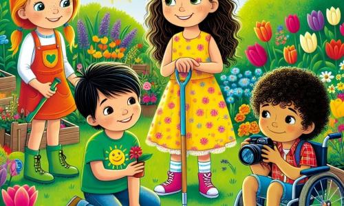 En un jardín comunitario vibrante de colores primaverales, cuatro niños se encuentran en el centro de la escena. Sofía, una niña de 10 años con cabello rizado y castaño, lleva un vestido amarillo brillante y sonríe alegremente sosteniendo una pequeña pala. A su derecha, Pablo, un niño de 11 años en silla de ruedas, tiene cabello negro y lleva una camiseta azul con un diseño de sol; observa con asombro las flores a su alrededor. A la izquierda, Marta, una niña de 9 años con cabello liso y rubio, está agachada examinando una pequeña planta con una lupa, vestida con un short de mezclilla y una camiseta verde. Por último, Leo, un niño de 10 años con cabello castaño y rizado, está de pie con una cámara en la mano, listo para capturar este momento mágico, vestido con una camisa de cuadros roja. El jardín está lleno de flores coloridas: tulipanes rojos, narcisos amarillos y violetas, rodeados de exuberante verdor. Al fondo, un gran árbol en flor añade un toque de magia. Los rayos del sol filtran a través de las ramas, creando sombras danzantes en el suelo. Los niños están plantando semillas en el jardín, simbolizando su compromiso con el cuidado de la naturaleza y la celebración de la llegada de la primavera. Intercambian sonrisas y risas, ilustrando la amistad y la alegría de compartir esta experiencia juntos.