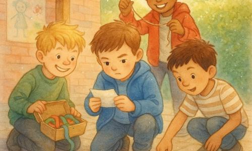 Er zijn vier jongens van 9 jaar: Sam, kastanjebruin kort haar, blauwe jas, in het midden licht voorovergebogen en serieus naar een papiertje kijkend; Max, blonde warrige haren, groene trui, links van Sam met een ondeugende glimlach en een open doos met linten op zijn schoot; Jonas, bruin haar, gestreept T-shirt, gehurkt rechts van Sam wijst naar een vochtig hoekje van de vloer met een hoekje papier; Tijmen, zwart haar, rode jas, staat achter Sam enthousiast met een stukje touw in zijn hand, alles speelt zich af op een schoolplein onder een gelakte houten overkapping met bestrating en glinsterende plasjes, muren met kindertekeningen en een open materiaaldoos met gekleurde linten, een natte groene haag op de achtergrond; de vier kleine speurders ontdekken een gevouwen briefje tussen natte bladeren, zacht ochtendlicht weerspiegelt in de plasjes, roze en blauwe linten verspreid, nieuwsgierige hartelijke sfeer, compositie gecentreerd op de groep die zich over het papiertje buigt.
