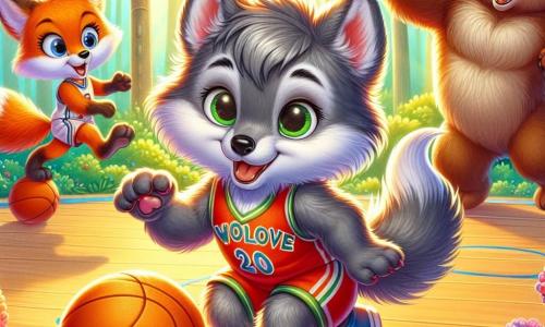 Un piccolo lupo dai peli grigi e setosi, con grandi occhi scintillanti di eccitazione, dribbla una palla da basket su un campo soleggiato. Indossa una maglietta rossa con il logo della sua squadra, i "Lupi Veloci", e sorride con determinazione, pronto a segnare un canestro. Accanto a lui, una volpe astuta con un pelo arancione vivace e una coda folta, lo incoraggia alzando le zampe anteriori, mostrando un sorriso entusiasta. Più lontano, un grande orso bruno, muscoloso e amichevole, è pronto a bloccare un avversario, con il volto che esprime concentrazione e cameratismo. Il campo da basket è circondato da alberi verdi, con raggi di sole che filtrano tra le foglie, creando un'atmosfera gioiosa e dinamica. Fiori colorati bordano il campo, aggiungendo un tocco di magia a questo luogo incantevole. La scena mostra il piccolo lupo in azione, pronto a tirare a canestro, mentre i suoi amici lo incoraggiano, catturando lo spirito di squadra e l'eccitazione di una partita di basket nella foresta.
