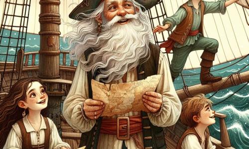 Un vecchio pirata, un uomo di circa 60 anni, si erge fiero sul ponte della sua nave, la 
