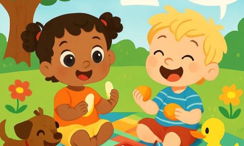 A 2-year-old girl, Mia, with big sparkling eyes and curly hair, is sitting on a colorful checkered blanket in the garden. She is joyfully smiling, holding a piece of banana in her hand. Next to her, a 2-year-old boy, Ben, with messy blonde hair and a striped t-shirt, is laughing while holding a small ball of bread. A little brown puppy, Pip, plays by running around them, while a yellow duck, Dot, proudly stands on the blanket, saying 