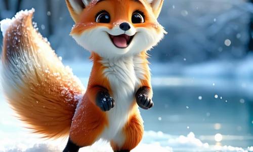 Un pequeño zorro llamado Zuri, con un pelaje de un naranja brillante y ojos llenos de curiosidad, se desliza alegremente sobre un lago helado, riendo de felicidad. Hace piruetas sobre el hielo, dejando huellas delicadas en la nieve fresca. A su lado, una pequeña ardilla llamada Lila, con pelaje marrón y una cola esponjosa, salta con entusiasmo, sus ojos brillando de emoción. Aplaude a Zuri mientras sostiene una avellana en sus pequeñas patas, lista para animarlo. El paisaje es un hermoso entorno invernal: árboles majestuosos, despojados de sus hojas, cubiertos de una fina capa de nieve brillante, mientras el cielo es de un azul intenso, salpicado de nubes blancas y esponjosas. La escena representa un momento de pura felicidad, donde Zuri y Lila se divierten juntos en el lago helado, disfrutando de la magia del invierno y de su amistad.