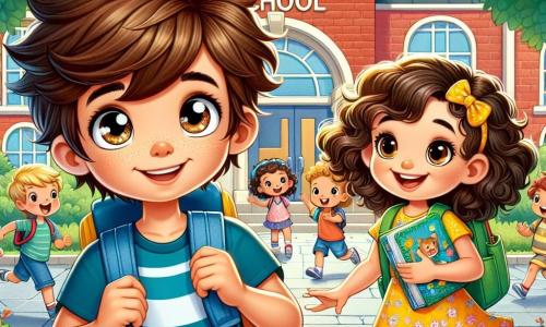 Un niño de 7 años, Lucas, con cabello castaño desordenado y ojos llenos de curiosidad, está frente a la entrada de su escuela. Lleva una camiseta a rayas azul y un short, sosteniendo una mochila grande y colorida en su espalda, con una expresión de emoción y nerviosismo. A su lado, una niña de su edad, Ana, con cabello rizado y un vestido amarillo con flores, sonríe alegremente mientras sostiene un pequeño libro ilustrado. Ella parece entusiasmada y lista para hacer nuevos amigos. El lugar es una escuela colorida con muros de ladrillo rojo, rodeada de jardines florecidos donde juegan los niños. Árboles verdes ofrecen sombra y risas resuenan en el aire. La situación principal muestra a Lucas y Ana tomados de la mano, listos para entrar a la escuela, rodeados de otros niños que corren y ríen, creando una atmósfera alegre y dinámica, llena de promesas para un nuevo año escolar.