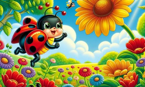 Uma pequena joaninha chamada Lili, com um corpo vermelho vivo salpicado de manchas pretas, voa alegremente sobre um campo de flores coloridas, seus olhos brilhando de determinação e felicidade. Ao seu lado, um pequeno sapo chamado Tico, com pele verde brilhante e olhos redondos e curiosos, salta alegremente sobre uma folha, sorrindo e encorajando Lili em sua jornada. O cenário é um lindo jardim no verão, repleto de flores vibrantes, grandes árvores com folhas luxuriantes e um céu azul claro com algumas nuvens brancas fofas. A situação principal mostra Lili e Tico chegando ao topo de uma colina, admirando a magnífica Flor Dourada que brilha ao sol, simbolizando alegria e amizade, enquanto uma brisa suave faz as flores dançarem ao redor deles.