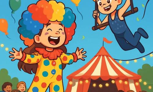 Ein 10-jähriges Mädchen mit langen braunen Haaren und strahlenden Augen trägt ein buntes Clownskostüm mit bunten Punkten und eine große lockige Perücke. Sie lacht laut, mit offenen Armen, bereit, auf ein Trampolin zu springen. Neben ihr hängt ein etwa 12-jähriger Junge mit zerzausten blonden Haaren und einem schelmischen Lächeln an einem Trapez, gekleidet in einen glitzernden Body. Er bereitet sich auf einen akrobatischen Sprung vor. Im Hintergrund erhebt sich ein großes rot-weiß gestreiftes Zelt unter einem strahlend blauen Himmel, umgeben von staunenden Zuschauern. Funkelnde Lichter beleuchten die Bühne, während bunte Ballons in der Luft schweben. Die Hauptsituation zeigt das Mädchen und den Jungen in einer Zirkusaufführung, die das Publikum mit ihrer Energie und Begeisterung fesseln.