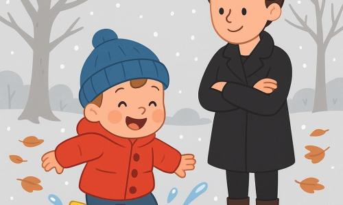Um menino de 2 anos, chamado Tomás, com bochechas rosadas e olhos brilhantes, veste um grande casaco vermelho, um gorro azul e botas amarelas. Ele sorri alegremente enquanto salta em uma poça, espalhando gotas brilhantes ao seu redor. Sua mãe, uma mulher na casa dos trinta anos, com cabelo castanho preso em um coque e um casaco preto, o observa com um sorriso terno, de braços cruzados, admirando sua felicidade. O cenário é um parque de inverno, com árvores sem folhas, um chão coberto de folhas secas e pequenos flocos de neve caindo suavemente do céu cinza. A cena principal mostra Tomás se divertindo ao pular na poça, criando respingos cintilantes, enquanto sua mãe o observa com amor, cercados pela calma e beleza do inverno.