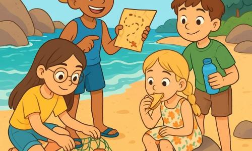 Há 4 crianças: - Sofia: uma menina de 10 anos, com cabelos longos e castanhos e óculos redondos, vestindo uma camiseta amarela e um short de jeans. Ela está agachada perto de uma panela, observando atentamente uma pequena estrela-do-mar. - Miguel: um garoto de 11 anos, com cabelos curtos e cacheados, vestindo um traje de banho azul e um chapéu de palha. Ele está em pé, segurando um velho mapa do tesouro, sorrindo e mostrando a direção para seus amigos. - Inês: uma menina de 9 anos, com cabelos loiros presos em duas tranças, vestindo um vestido florido e sandálias. Ela está sentada em uma pedra, beliscando um sanduíche enquanto observa as ondas. - Tiago: um garoto de 10 anos, com cabelos castanhos e sardas, vestindo uma camiseta verde e um short. Ele está em pé, segurando uma garrafa de água, pronto para mergulhar. O local da cena principal é uma pequena praia escondida, cercada por rochas arredondadas e pinheiros verdes. A areia é dourada e macia, e a água é de um azul brilhante, com ondas suaves que se quebram na costa. Algas verdes flutuam perto das rochas, e conchas coloridas estão espalhadas pela areia. A cena principal da história mostra as crianças libertando uma pequena carangueja presa em uma velha rede de pesca. Elas trabalham juntas com cuidado, sorrindo e rindo, enquanto se certam de não machucar o animal.