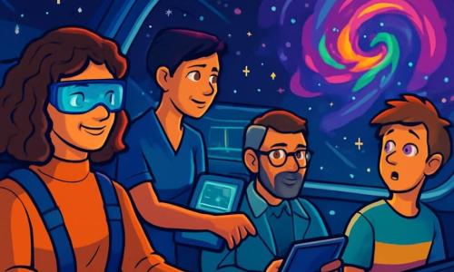 Eine Frau, Professorin Luna Sternfeld, sitzt in ihrem bequemen Pilotensitz, mit lockigem braunem Haar und futuristischen Brillen, die im Licht der Sterne funkeln. Sie hat einen entschlossenen und neugierigen Blick, ihre Augen leuchten vor Aufregung, während sie die Kontrollbildschirme beobachtet. Neben ihr passt Kim, eine etwa 30-jährige Technik-Spezialistin mit kurzen Haaren und einem selbstbewussten Lächeln, die Navigationssensoren an und konzentriert sich auf die fließenden Daten. Dr. Singh, ein etwa 40-jähriger Biologe mit gepflegtem Bart und runden Brillen, blättert nachdenklich in Notizen auf einem Tablet, während Max, ein 20-jähriger Ingenieur mit zerzausten Haaren und einem bunten T-Shirt, fasziniert aus dem Fenster schaut und die Aussicht auf die Sterne bewundert. Der Ort ist im Raumschiff 
