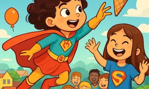 Sofía, una niña de cabello rizado y brillante, lleva un colorido disfraz de superheroína con una capa ondeante. Tiene una sonrisa traviesa y ojos brillantes de emoción, mientras se prepara para atrapar un cono de helado que vuela en el aire. A su lado, Clara, una niña de cabello liso y castaño, de unos 10 años, lleva una camiseta con motivos de superhéroes y ríe alegremente, con los brazos levantados, animando a Sofía. Al fondo, un grupo de niños de aproximadamente 10 años observa la escena con expresiones asombradas y risas, algunos sosteniendo globos de colores. La escena se desarrolla en la azotea de un edificio en la ciudad, con una vista panorámica de casas coloridas y árboles verdes abajo. El cielo es azul con algunas nubes blancas esponjosas, añadiendo un toque de magia a la atmósfera. Sofía, con sus poderes cómicos, intenta atrapar el cono de helado que se eleva, provocando una situación hilarante donde el cono parece bailar y flotar, creando un ambiente alegre y lleno de risas.