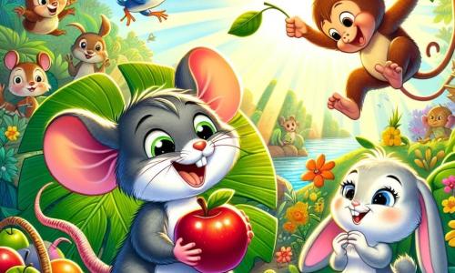 A small rat named Ricky, with gray fur and sparkling eyes, jumps with joy at the center of the scene, holding a beautiful red apple in his tiny paws. To his right, Lila, an adorable white bunny with big ears and a bright smile, is arranging bananas on a large green leaf. On the left, Benny, a mischievous monkey with brown fur and a long tail, joyfully swings from a tree branch, holding a large coconut in his hands. The scene takes place in a sunny jungle filled with lush foliage, colorful flowers, and rays of sunlight filtering through the trees. In the background, other curious animals, like birds and frogs, watch the celebration with wonder. Ricky, Lila, and Benny are preparing a big party, filled with laughter and joy, as they gather fruits and decorate their festive space with leaves and flowers.