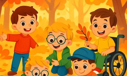 There are 4 children: Jack, a 6-year-old boy with brown hair and sparkling eyes, wearing a red sweater and blue jeans, standing and smiling while showing a large pile of colorful leaves; Sam, a 6-year-old boy with blonde hair and round glasses, wearing a green jacket and yellow t-shirt, crouching and enthusiastically collecting golden leaves; Leo, a 6-year-old boy with black hair and a blue cap, wearing an orange sweatshirt and gray pants, sitting on the ground arranging acorns in a pretty pattern; and Max, a 6-year-old boy with brown hair and a bright smile, in his wheelchair surrounded by leaves, holding a branch decorated with red leaves. The scene takes place in a magical autumn forest with trees covered in vibrant red, orange, and yellow leaves, a crunchy leaf-covered ground, and sunlight streaming through the branches, illuminating the scene with a soft golden light. The main situation shows the four friends creating art with leaves, acorns, and pine cones, laughing and having fun together amidst the stunning beauty of autumn.