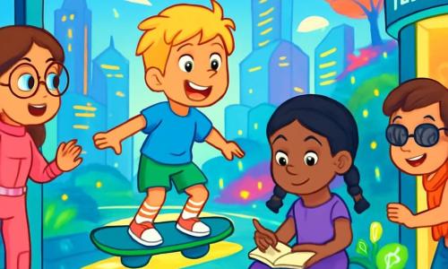 Há 4 crianças: - Sofia: uma menina de 7 anos com longos cabelos castanhos e óculos redondos, vestindo uma combinação futurista rosa, admirando a vista da cidade perto de uma janela. - Léo: um menino de 7 anos com cabelos loiros bagunçados e um sorriso radiante, vestido com uma camiseta azul e um short verde, em pé em um skate voador, pronto para decolar. - Júlia: uma menina de 7 anos com cabelos negros trançados e um vestido roxo, sentada em uma plataforma flutuante, cercada por plantas luminosas, desenhando em um caderno. - Davi: um menino de 7 anos com cabelos castanhos e óculos de sol, usando um colete laranja e perto de uma estação de teletransporte, observando animadamente as luzes piscantes. A cena se passa em Lumilândia, uma cidade futurista com edifícios brilhantes, jardins suspensos e carros voadores no céu azul, onde as ruas são pavimentadas com pedras luminosas e árvores coloridas flutuam no ar, criando uma atmosfera mágica e alegre. Os quatro crianças estão prontas para explorar a cidade: Sofia está maravilhada, Léo se prepara para voar, Júlia desenha as maravilhas ao seu redor, e Davi se aproxima da estação de teletransporte, ansioso para descobrir novos horizontes.
