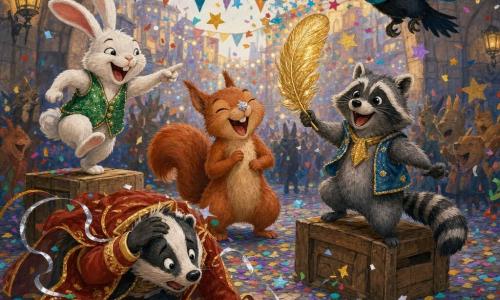 Fips, ein kleiner graugeringelter Waschbär mit glänzenden schwarzen Augen, lächelt aufgeregt und hält eine funkelnde goldene Feder, auf einer Holzkiste stehend; Suri, ein junges rotbraunes Eichhörnchen mit ernsten Augen, die zu freudiger Überraschung werden, hat eine silberne Feder auf der Nasenspitze und lacht; Kaja, ein weißer Hase mit großen Ohren und glitzernder grüner Weste, springt schelmisch auf eine Kiste links; Bruno, ein stämmiger Dachs im rotgoldenen Mantel, rutscht komisch auf einer Mandarine und kniet vor einer Kiste; Rocco, ein junger schwarzer Rabe mit türkisfarbenem Schal, fliegt leicht über die Gruppe und wirft Konfetti und Papiersterne; Schauplatz: gepflasterter Platz unter einer großen grauen Steinarkade mit warm leuchtenden Laternen, bunten Wimpeln und verschwommener Menschenmenge; Szene: lebhafter Karnevalsauftritt voller Bewegung und Freude, silberne Bänder und fallende Papiersterne lösen kollektives Gelächter aus; Stil: gesättigte Acrylmalerei, strukturierte Pinselstriche, starke Kontraste und charmante kindliche Details.