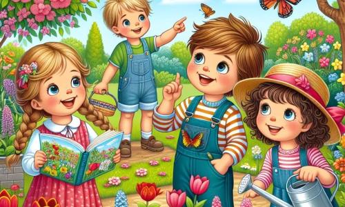In einem bunten Garten sind vier Kinder versammelt: Max, ein 10-jähriger Junge mit blonden Haaren und blauen Augen, lächelt und hält ein Buch über Vögel; Sophie, ein 9-jähriges Mädchen mit braunen Haaren und Zöpfen, zeigt auf eine rosa Blume; Leo, ein 10-jähriger Junge mit braunen Haaren und Brille, beobachtet fasziniert einen Schmetterling; und Mia, ein 9-jähriges Mädchen mit lockigem Haar und einem Strohhut, hält ein Gießkanne und gießt die Blumen. Der Garten ist mit leuchtenden, bunten Blumen gefüllt, wie roten Tulpen, gelben Narzissen und Veilchen, während ein großer Baum mit grünem Laub in der Mitte steht. Bunte Schmetterlinge fliegen um die Kinder, und ein kleiner Vogel singt auf einem Ast. Die Kinder pflanzen Blumensamen, um einen Schmetterlingsgarten zu schaffen, lachen und ermutigen sich gegenseitig, während die sanfte Frühlingssonne die Szene erhellt.